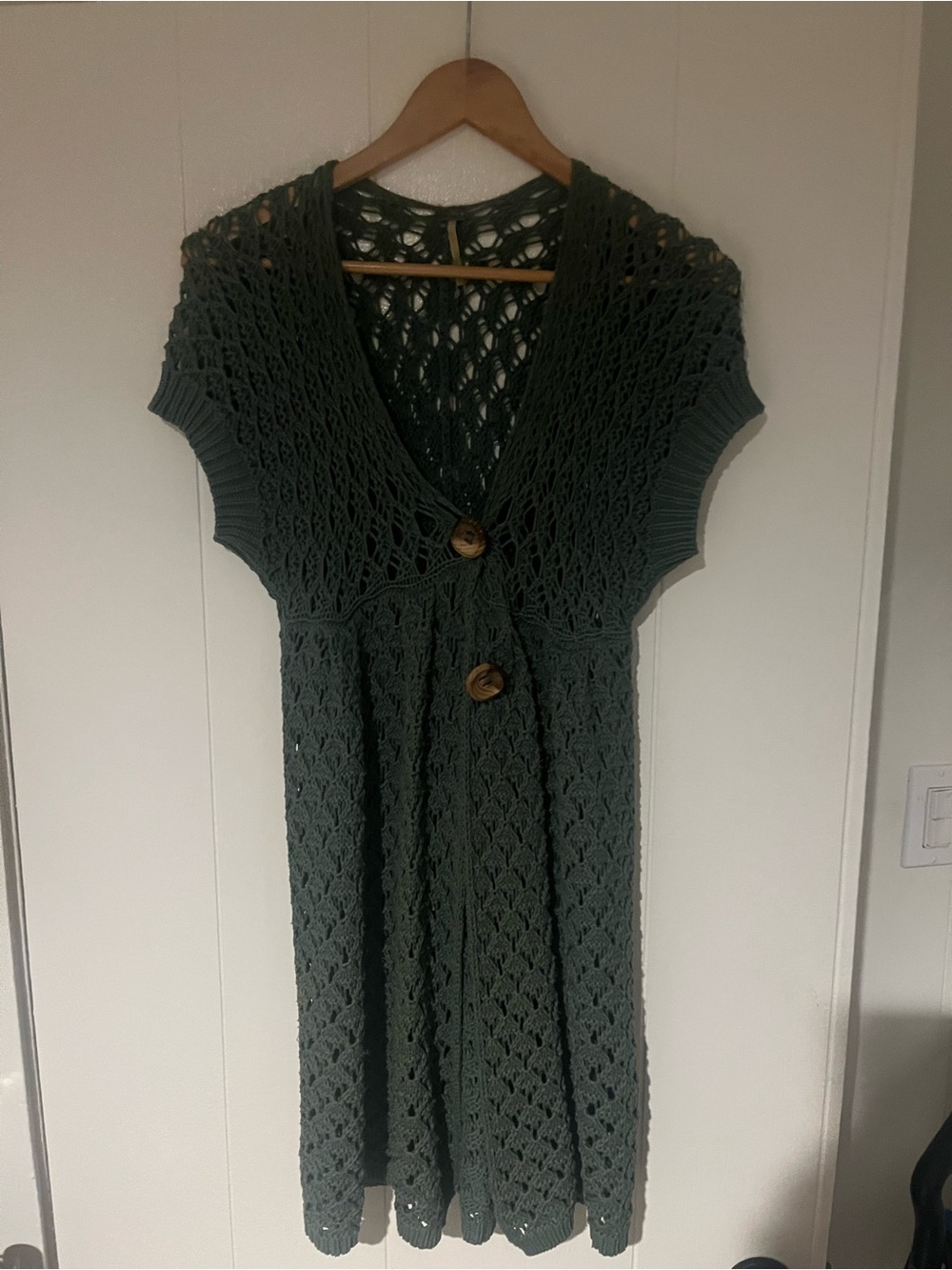 Free People Crochet Knit Button-Front Sweater/ Dress in Deep Green size small
